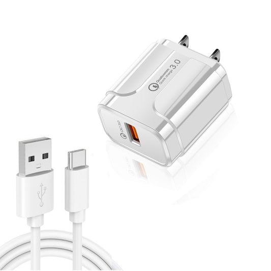LZ-023 18W QC3.0 USB Portable Travel Charger + 3A USB toType-C Data Cable, US Plug, Type-C Data Cable, US Plug