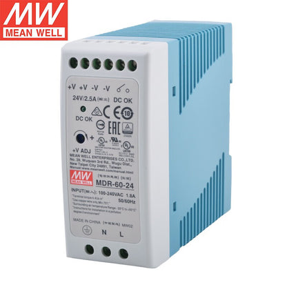 Alimentation sur rail DIN MEAN WELL série MDR de 10 W à 100 W avec faible consommation à vide <0,75 W pour l'automatisation des bâtiments et la maison intelligente