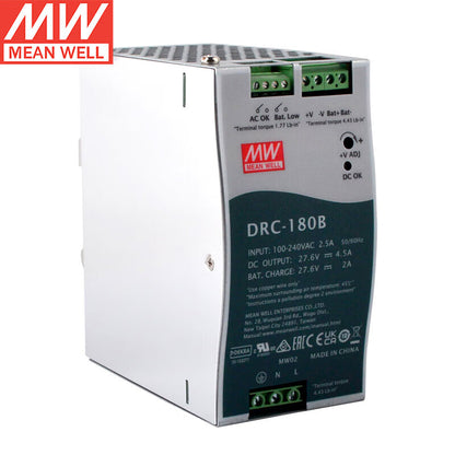 MEAN WELL DRC Series 40W-180W AC/DC DIN Rail Security Power Supplies with Integrated Battery Charger & UPS Function