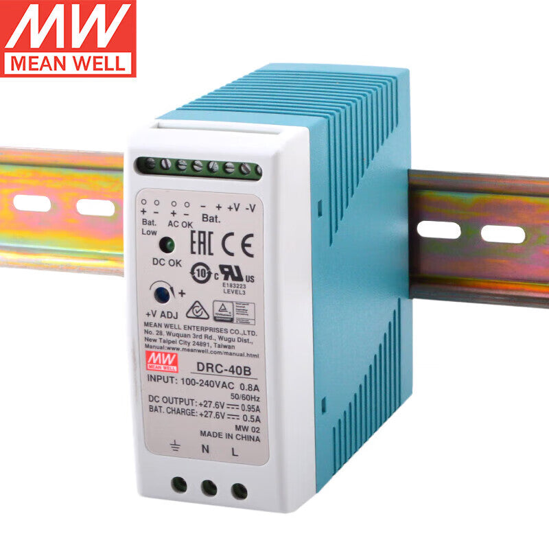 MEAN WELL DRC Series 40W-180W AC/DC DIN Rail Security Power Supplies with Integrated Battery Charger & UPS Function