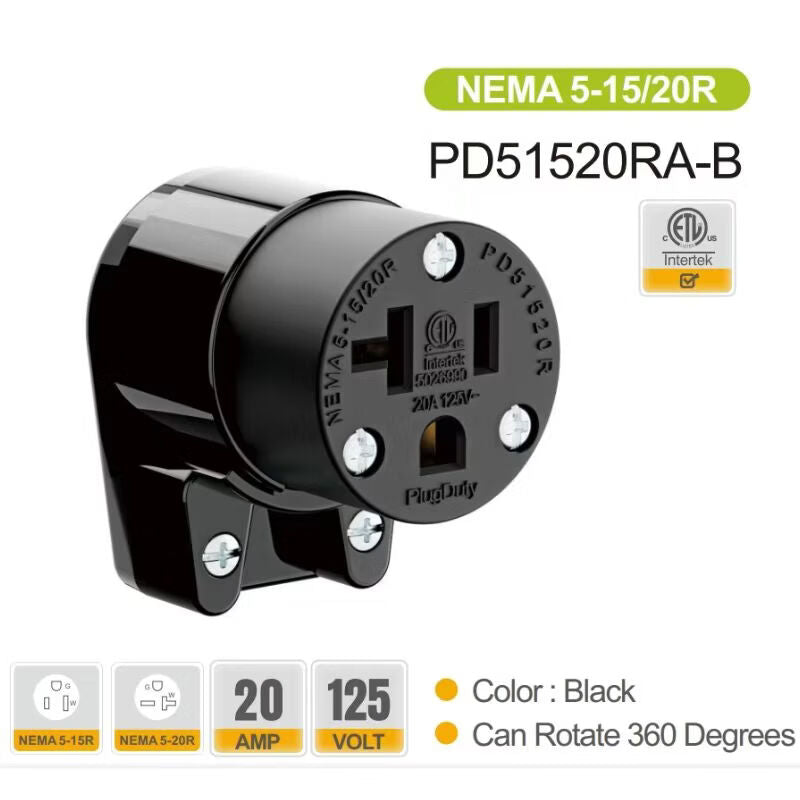 American standard power plug and socket, NEMA 5-15, 5-20, 6-15, 6-20, ETL certification, 12 directions adjustable, easy to install