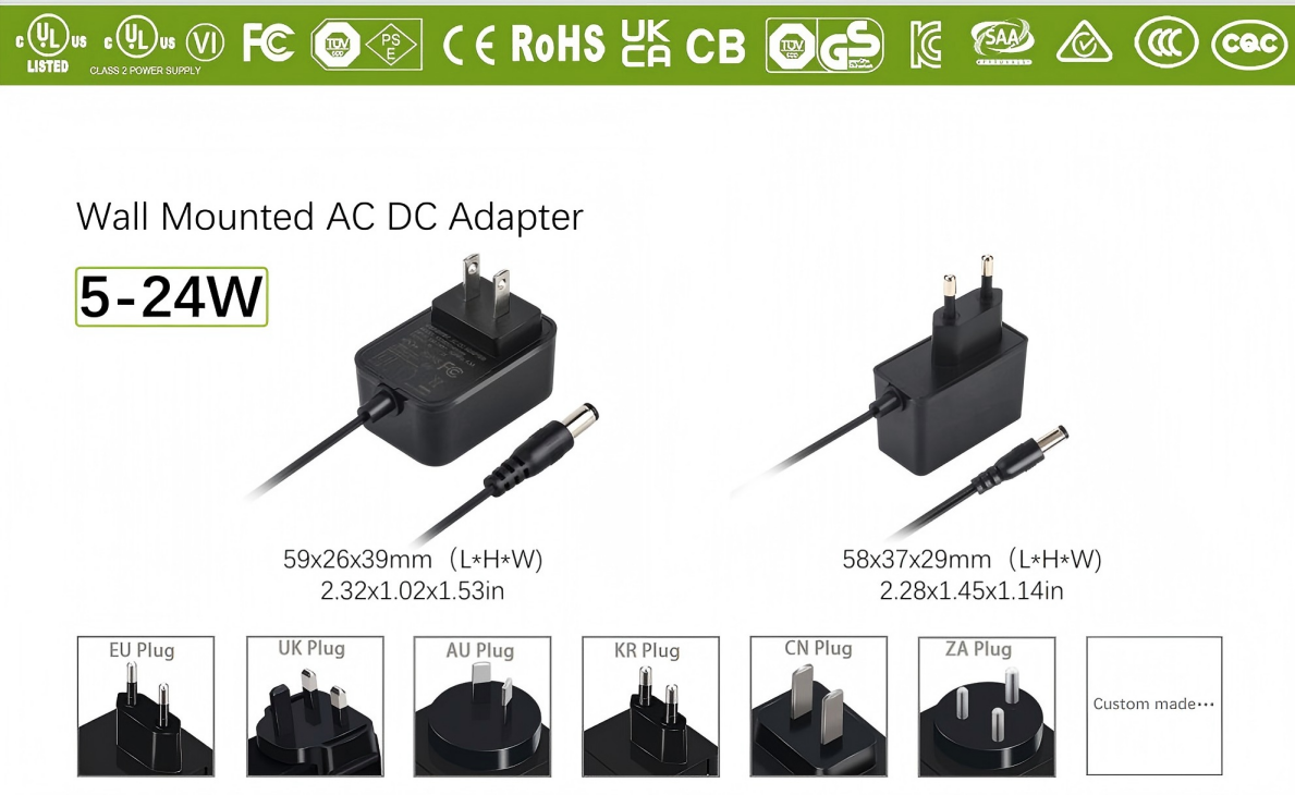 UL CE SAA KC KCC PSE Certified OEM/ODM Customized 5W 9W 12W Series Switched Power Supply 5Vdc 9Vdc 12Vdc 24Vdc Wall Mount Adapter Plug in US AC Type with 1.2m DC 5.5x2.1mm Barrel Connector
