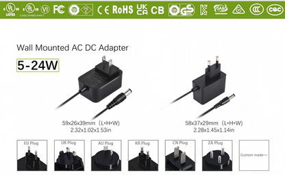 UL CE SAA KC KCC PSE Certified OEM/ODM Customized 5W 9W 12W Series Switched Power Supply 5Vdc 9Vdc 12Vdc 24Vdc Wall Mount Adapter Plug in US AC Type with 1.2m DC 5.5x2.1mm Barrel Connector