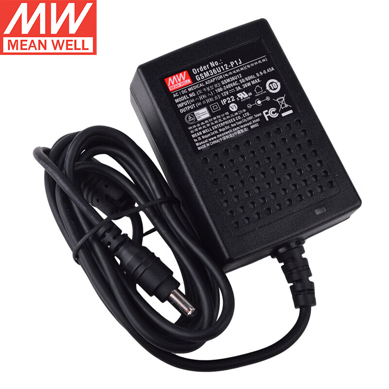 MEAN WELL GSM18U / GSM25U / GSM36U Series 18W-60W 12V 24V Medical Wall-Mounted Power Adapters with USA 2-Pin Plug, Level VI