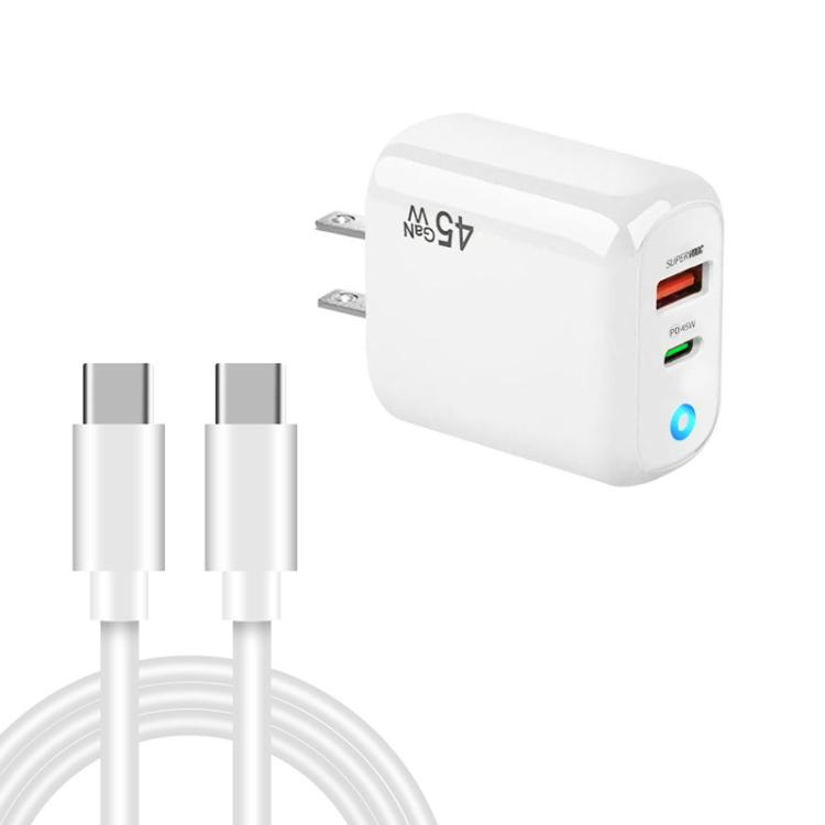 TE-PD45 GaN 45W PD3.0 / Type-C + USB 3.0 Charger with Type-C to Type-C Data Cable, US  Plug