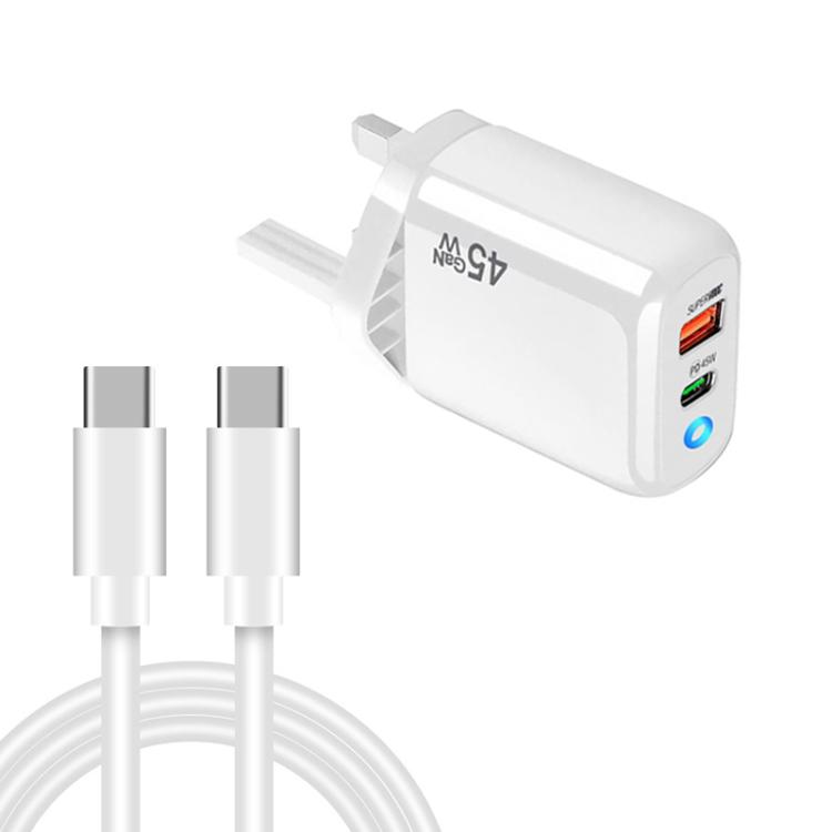 TE-PD45 GaN 45W PD3.0 / Type-C + USB 3.0 Charger with Type-C to Type-C Data Cable, UK  Plug